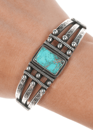 6 1/8" c1930's Navajo Ingot Silver triple shank turquoise cuff bracelet - Estate Fresh Austin