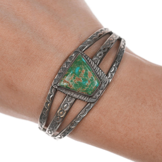 6.12" c1930's Stamped Ingot silver cuff bracelet with nice turquoise - Estate Fresh Austin