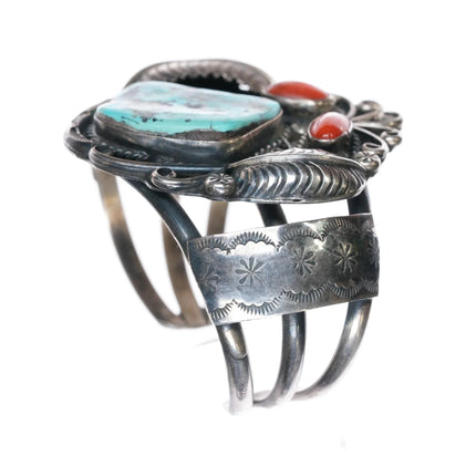 6.12" c1970's RVF Navajo sterling turquoise and coral cuff bracelet - Estate Fresh Austin