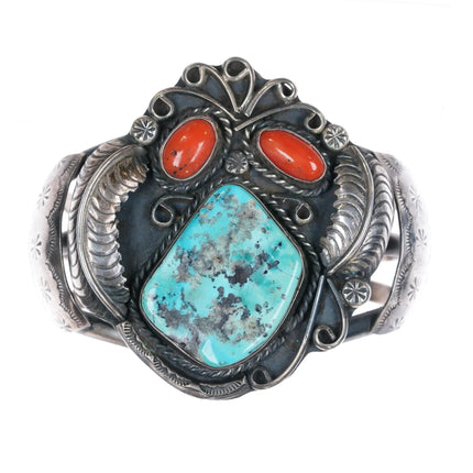6.12" c1970's RVF Navajo sterling turquoise and coral cuff bracelet - Estate Fresh Austin