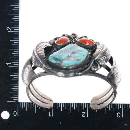 6.12" c1970's RVF Navajo sterling turquoise and coral cuff bracelet - Estate Fresh Austin