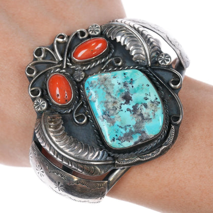 6.12" c1970's RVF Navajo sterling turquoise and coral cuff bracelet - Estate Fresh Austin