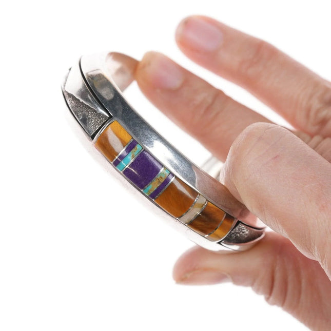 6.12" Heavy Silver Cuff Bracelet with Sugilite, Cat's Eye, and turquoise inlay - Estate Fresh Austin