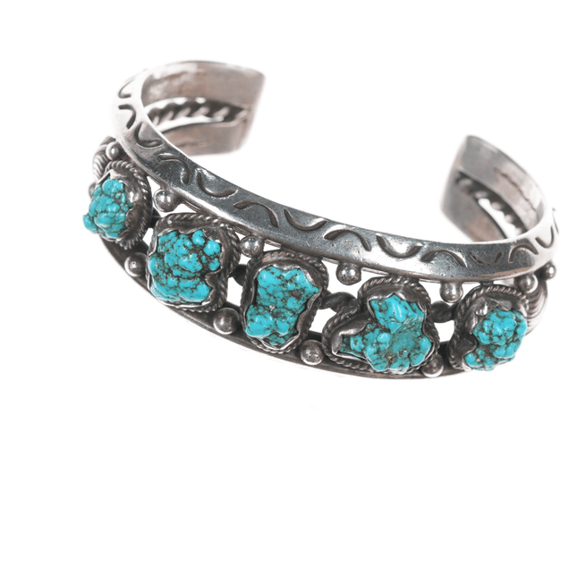 6 1/8" Les Baker Sterling and botryoidal turquoise chunk row cuff bracelet - Estate Fresh Austin