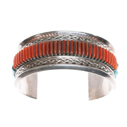 6.12" Lloyd Tsalabutie Zuni sterling coral needlepoint turquoise cuff bracelet - Estate Fresh Austin
