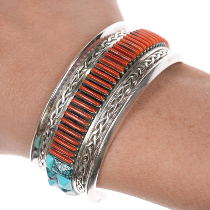 6.12" Lloyd Tsalabutie Zuni sterling coral needlepoint turquoise cuff bracelet - Estate Fresh Austin