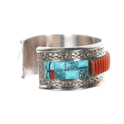 6.12" Lloyd Tsalabutie Zuni sterling coral needlepoint turquoise cuff bracelet - Estate Fresh Austin