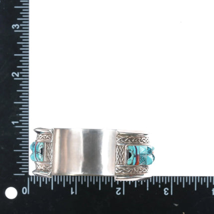 6.12" Lloyd Tsalabutie Zuni sterling coral needlepoint turquoise cuff bracelet - Estate Fresh Austin