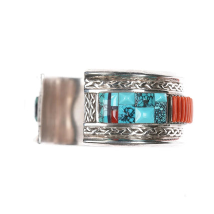 6.12" Lloyd Tsalabutie Zuni sterling coral needlepoint turquoise cuff bracelet - Estate Fresh Austin