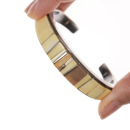 6.12" Luis Mojica 14k/sterling and fossil inlaid cuff bracelet - Estate Fresh Austin