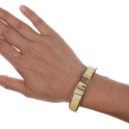 6.12" Luis Mojica 14k/sterling and fossil inlaid cuff bracelet - Estate Fresh Austin