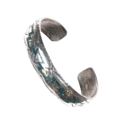 6.12" Nakai Vintage Navajo chip inlay sterling cuff bracelet - Estate Fresh Austin