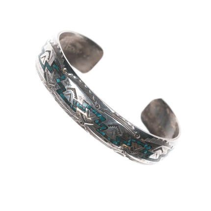 6.12" Nakai Vintage Navajo chip inlay sterling cuff bracelet - Estate Fresh Austin