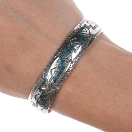6.12" Nakai Vintage Navajo chip inlay sterling cuff bracelet - Estate Fresh Austin