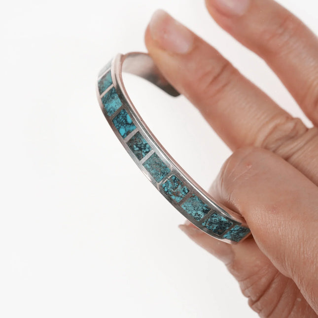 6.12" Native American high grade turquoise AB Channel inlay sterling cuff bracelet - Estate Fresh Austin