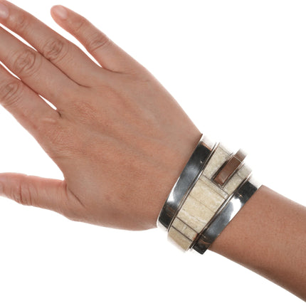 6.12" Southwestern Modernist Jack Woolsey Agatized Coral/jasper cuff bracelet - Estate Fresh Austin