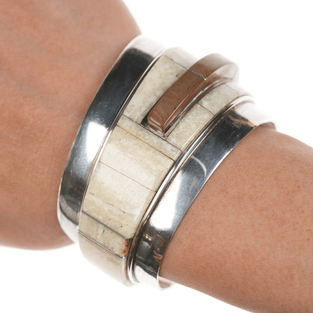 6.12" Southwestern Modernist Jack Woolsey Agatized Coral/jasper cuff bracelet - Estate Fresh Austin