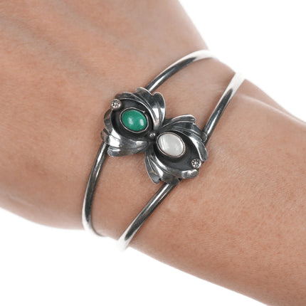 6.12" Vintage Native American silver lapis, and shell cuff bracelet - Estate Fresh Austin