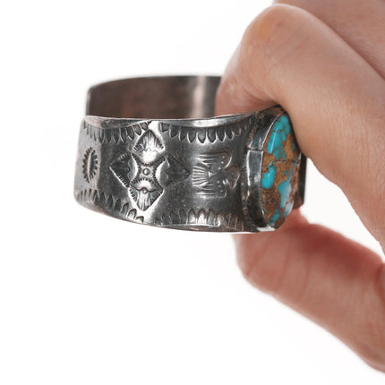6.12" Vintage Navajo silver and turquoise stamped thunderbird cuff bracelet - Estate Fresh Austin