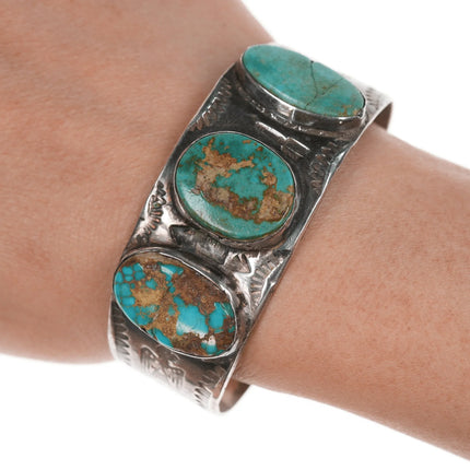 6.12" Vintage Navajo silver and turquoise stamped thunderbird cuff bracelet - Estate Fresh Austin