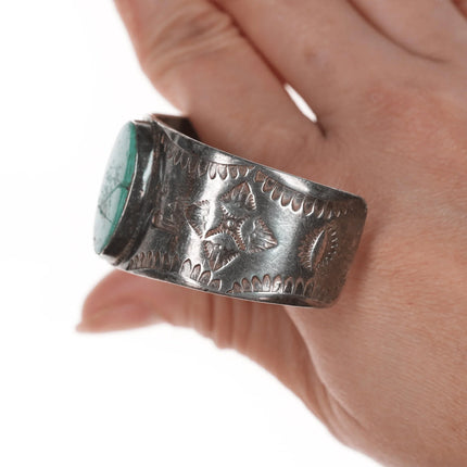 6.12" Vintage Navajo silver and turquoise stamped thunderbird cuff bracelet - Estate Fresh Austin