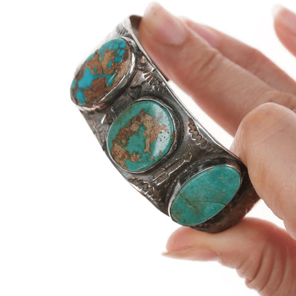 6.12" Vintage Navajo silver and turquoise stamped thunderbird cuff bracelet - Estate Fresh Austin
