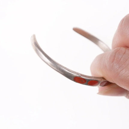 6.12" vintage Zuni flush inlay coral and silver bracelet - Estate Fresh Austin