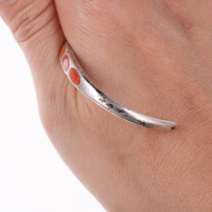 6.12" vintage Zuni flush inlay coral and silver bracelet - Estate Fresh Austin