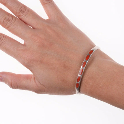 6.12" vintage Zuni flush inlay coral and silver bracelet - Estate Fresh Austin