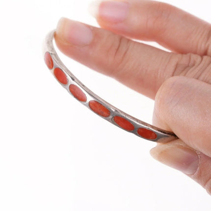 6.12" vintage Zuni flush inlay coral and silver bracelet - Estate Fresh Austin