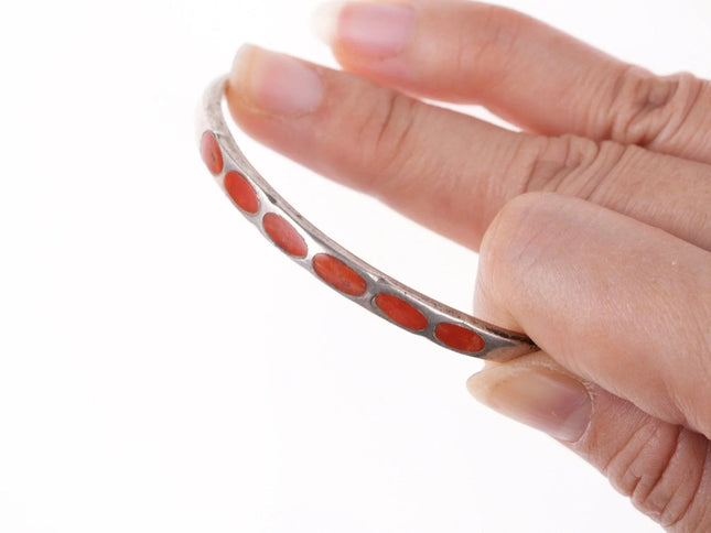 6.12" vintage Zuni flush inlay coral and silver bracelet - Estate Fresh Austin