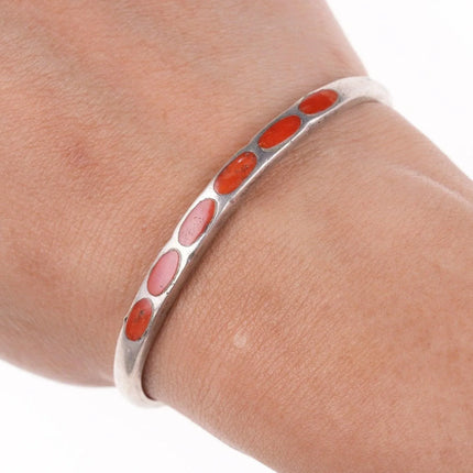 6.12" vintage Zuni flush inlay coral and silver bracelet - Estate Fresh Austin