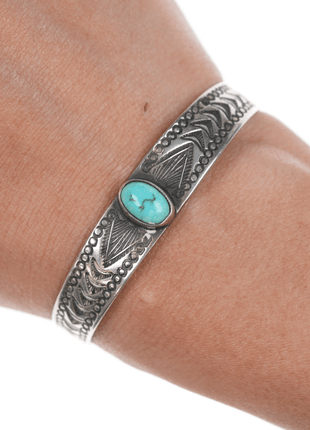 6" 1930's Navajo stamped ingot silver cuff bracelet with turquoise - Estate Fresh Austin