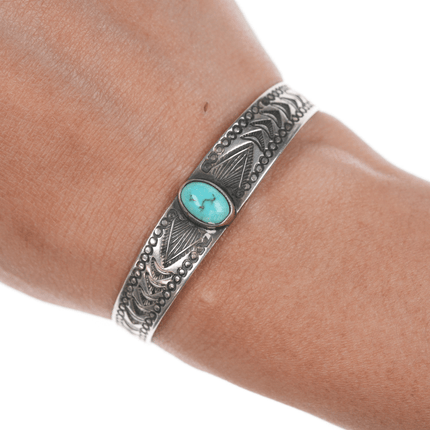 6" 1930's Navajo stamped ingot silver cuff bracelet with turquoise - Estate Fresh Austin