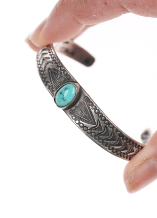 6" 1930's Navajo stamped ingot silver cuff bracelet with turquoise - Estate Fresh Austin