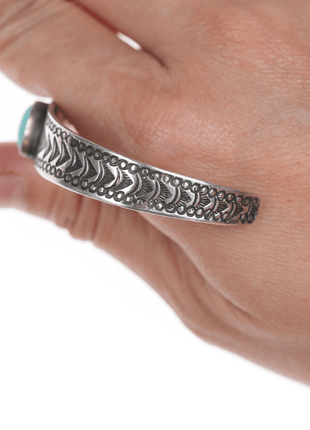 6" 1930's Navajo stamped ingot silver cuff bracelet with turquoise - Estate Fresh Austin