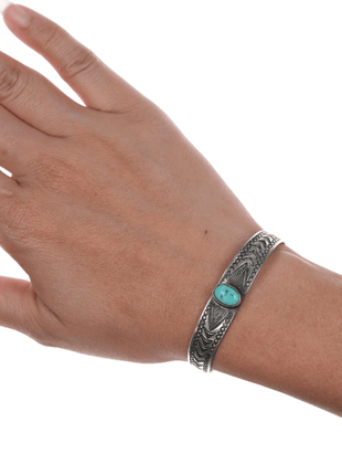 6" 1930's Navajo stamped ingot silver cuff bracelet with turquoise - Estate Fresh Austin