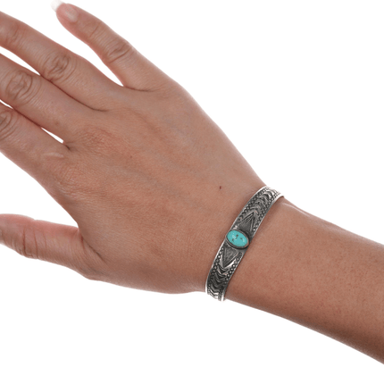 6" 1930's Navajo stamped ingot silver cuff bracelet with turquoise - Estate Fresh Austin