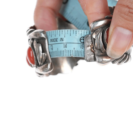 6" 1970's MF Navajo sterling silver, turquoise, coral watch cuff bracelet timex - Estate Fresh Austin