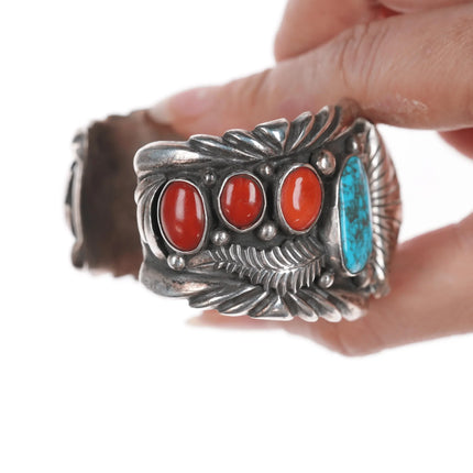 6" 1970's MF Navajo sterling silver, turquoise, coral watch cuff bracelet timex - Estate Fresh Austin