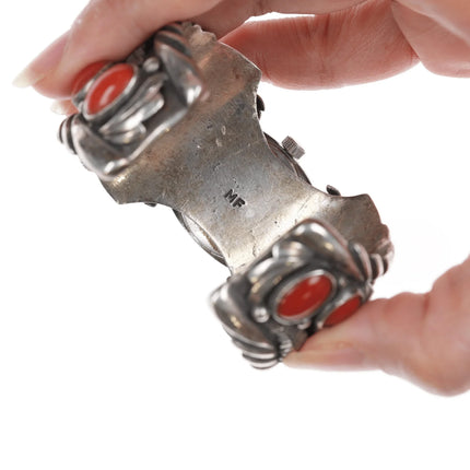 6" 1970's MF Navajo sterling silver, turquoise, coral watch cuff bracelet timex - Estate Fresh Austin