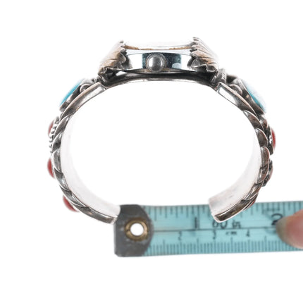 6" 1970's MF Navajo sterling silver, turquoise, coral watch cuff bracelet timex - Estate Fresh Austin