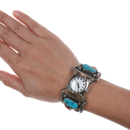 6" 1970's MF Navajo sterling silver, turquoise, coral watch cuff bracelet timex - Estate Fresh Austin
