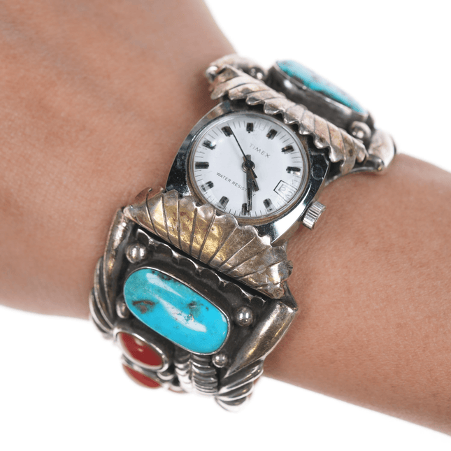 6" 1970's MF Native American silver, turquoise, and coral watch cuff w/timex - Estate Fresh Austin