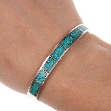 6" 1970's Sturdy Navajo sterling chip inlay slim cuff bracelet - Estate Fresh Austin