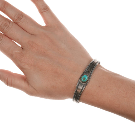 6" 20's-30's Navajo ingot silver hand stamped cuff bracelet with turquoise - Estate Fresh Austin