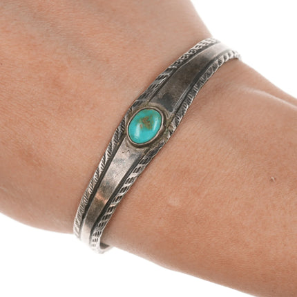 6" 20's-30's Navajo ingot silver hand stamped cuff bracelet with turquoise - Estate Fresh Austin