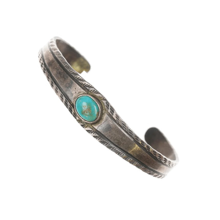 6" 20's-30's Navajo ingot silver hand stamped cuff bracelet with turquoise - Estate Fresh Austin