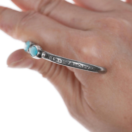 6" 20's-30's Navajo stamped silver 3 stone turquoise cuff bracelet - Estate Fresh Austin