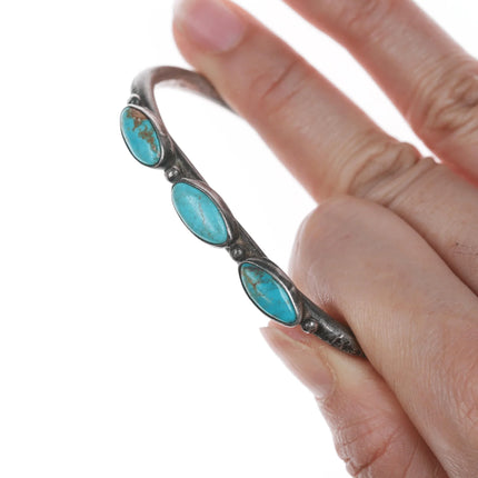 6" 20's-30's Navajo stamped silver 3 stone turquoise cuff bracelet - Estate Fresh Austin